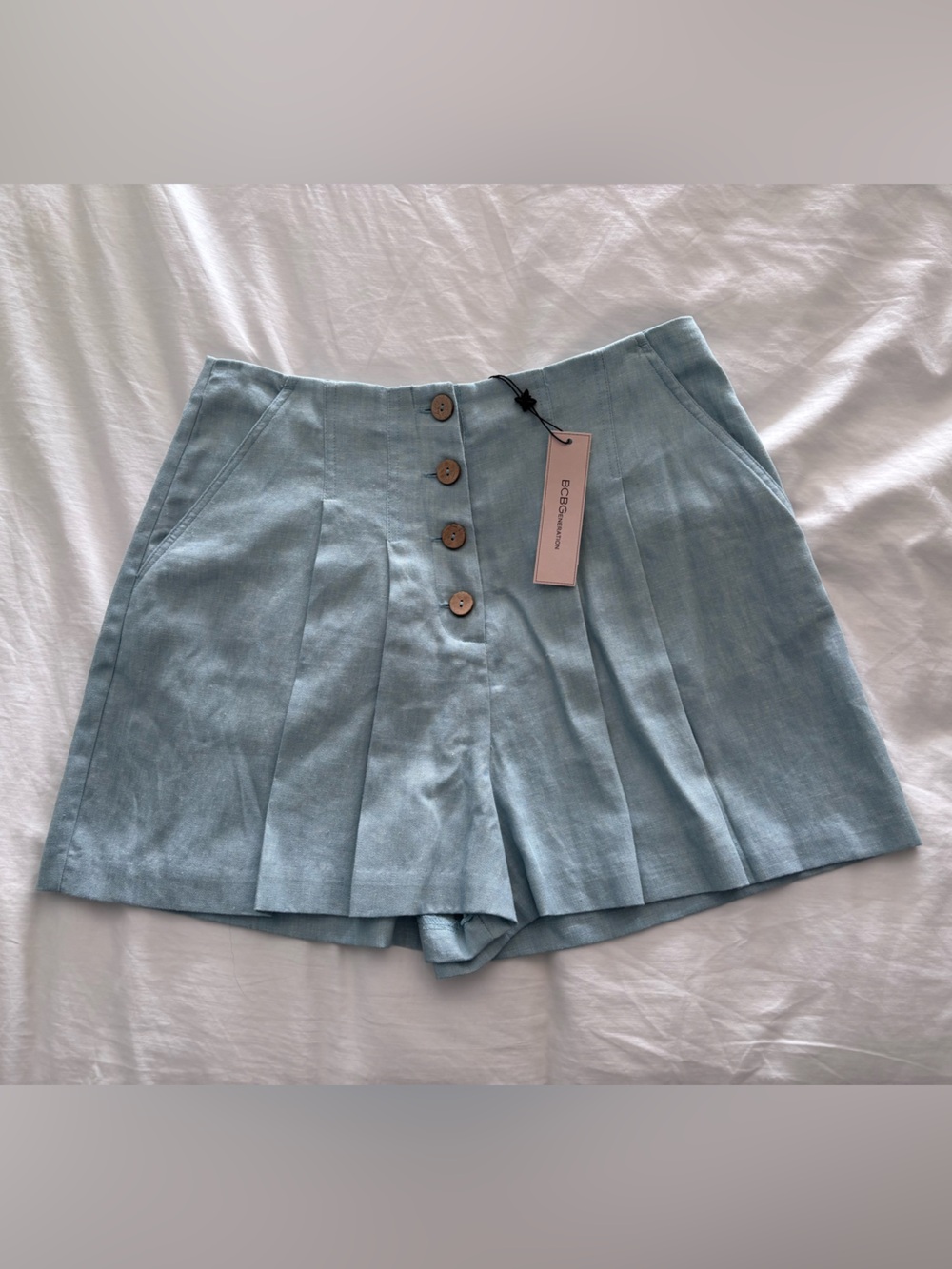 BCBGeneration Blue Mist Pleated Linen Shorts